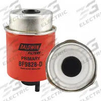 BALDWIN FILTERS Fuel Filter: Cartridge, 5 5/16 in Overall Lg, 3 1/4 in Outside Dia, Cellulose, JCB (MPN BF9828-D). Key specifications — attr1137520: BF9828-D; attr434022: BALDWIN FILTERS; attr427730: Cellulose; attr427731: Attached Grommet; attr1017112: Construction Equipment; attr1017113: JCB.