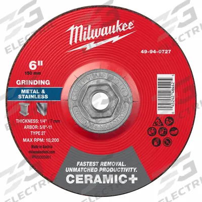 MILWAUKEE Grinding Wheel: Type 27, 6" x 1/4" x 5/8"-11, Ceramic - Cool-Cutting Grinding Wheels for Carbon & Stainless Steel