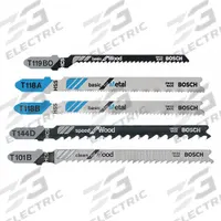 BOSCH Jig Saw Blade Set: T Shank, 5 Pieces, Rigid for Straight Cuts Cutting Edge, Bi-Metal, 5 PK (MPN T500). Key specifications — attr1132213: (1) T 118 A Basic for Metal; attr1132208: BOSCH.