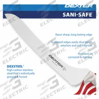 DEXTER RUSSELL Bread Knife: Scalloped, 13 1/2 in Overall Lg, Steel Blade, White Handle, White (MPN 13583). Key specifications — Sub-brand: Sani-Safe; Brand: DEXTER RUSSELL; Blade Material: Steel; Blade Type: Scalloped; Handle Color: White; Handle Material: Sanitary Polypropylene; Knife Type: Offset Knife; NSF Certified: Yes.