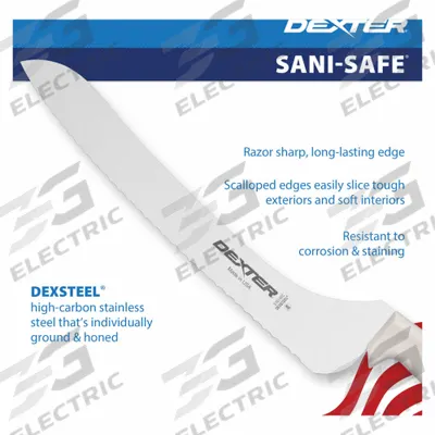DEXTER RUSSELL Bread Knife: Scalloped, 13 1/2 in Overall Lg, Steel Blade, White Handle - Offset Knives