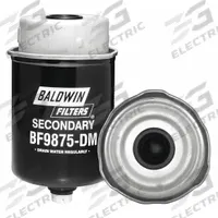 BALDWIN FILTERS Fuel Filter: Cartridge, 5 5/16 in Overall Lg, 3 3/16 in Outside Dia, Cellulose (MPN BF9875-DM). Key specifications — attr1137520: BF9875-DM; attr1137521: FS19990; attr434022: BALDWIN FILTERS; attr427730: Cellulose; attr427731: Attached Grommet; attr1017112: Buses; attr1017113: John Deere.