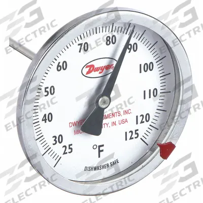 Dwyer Clip On Dial Thermometer: 25°F to 125°F, +/- 2% Accuracy, 8 in Stem Lg - General Purpose Vat & Pan Clip-On Dial Thermometers