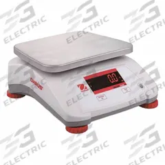 OHAUS Food Scale: 7 1/2 in Weighing Surface Dp, 9 1/2 in Weighing Surface Wd, 4 3/4 in Overall Ht (MPN V22PWE30T AM). Key specifications — Readability: 0.01 lb/5 g; Brand: OHAUS; IP Rating: IPX8.