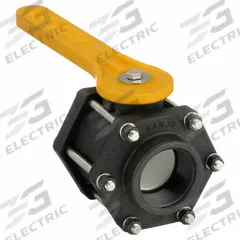 BANJO Manual Two-Way Ball Valve: 2 in, Polypropylene, Straight, FNPT x FNPT, Three-Piece, Lever (MPN V200FP). Key specifications — Brand: BANJO; Handle: Lever.