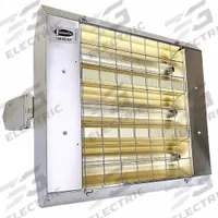 FOSTORIA Infrared Quartz Electric Heater: 4800 W Watt Output, 240V AC, 1/3 Phase, Hardwired, Silver (MPN H-60-223-THSS). Key specifications — Wattage Output: 4800 W; Voltage: 240V AC; Brand: FOSTORIA; Electrical Connection: Hardwired; Element Type: Quartz Lamp; Housing Color: Silver; Housing Material: Stainless Steel; Overall Dimensions - L x W x D: 24 in x 21-1/2 in x 11 in.