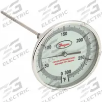 DWYER Glow-in-the-Dark Dial Thermometer: 0°F to 300°F, +/- 1% Accuracy, 5 in Dial Dia, Male (MPN GBTA540151). Key specifications — attr1275048: +/- 1%; attr1275052: DWYER.