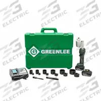 GREENLEE Knockout Tool Kit: 18V DC, 4 in Punching Capacity (Steel), For 10 ga Max. Steel Thick (MPN LS100X11SB). Key specifications — attr1256918: (1) 1 in Die; attr1256897: (2) 3.0 Ah; attr1303978: 2 Batteries, 1 Charger.