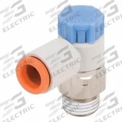 SMC Speed Control Valve: Elbow Fitting, Knob, 1/4 in/1/8 in Valve Body Size, 5/32 in Tube, Meter In (MPN AS2211F-N01-03SA). Key specifications — attr947203: Brass/PBT; attr947205: SMC.
