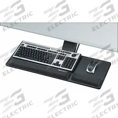 FELLOWES Keyboard Tray: Fiberboard, Black, 3 in Overall Ht, 18 in Overall Wd, 27 1/2 in Overall Dp (MPN 8017801). Key specifications — Brand: FELLOWES; Color: Black; Arm Style: Glide Track; For Use With: Diagonal or Curved Edge Straight Workstations; Material: Fiberboard.