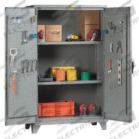 LITTLE GIANT Pegboard Cabinet: 60 in x 30 1/4 in x 78 in, Swing Handle & Keyed, 12 ga Panel Thick (MPN SSL2-A-3060-PBD). Key specifications — Cabinet Color: Gray; Method of Construction: Welded; Base Type: Legs; Assembled: Assembled; Mobility: Stationary; Adjustable Shelves: Adjustable; Cabinet Finish: Powder Coated; Cabinet Material: Steel.