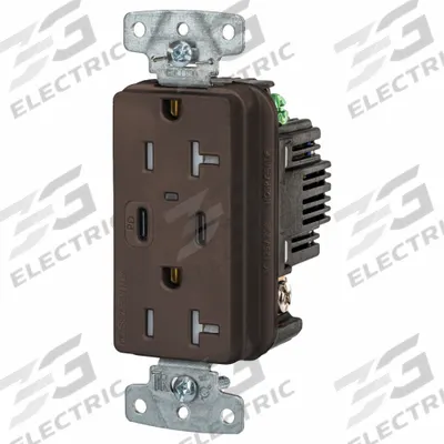 HUBBELL Receptacle: Duplex, 5-20R, 2 USB Ports, USB Type A/C, Brown, 125V AC - Weather-Resistant Receptacles with USB Chargers