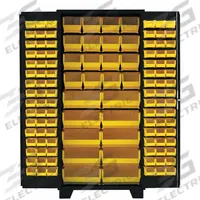 JAMCO Bin Cabinet: 36 in x 24 in 78 in, 0 Shelves, 122 Bins, Yellow, Deep Box, 14 ga Panel, Black (MPN DF236BL). Key specifications — Bin Color: Yellow; Bin HxWxD: (96) 3 in x 4-1/8 in x 7-1/2 in; Assembled: Assembled; Cabinet Style: Shelf and Bin; Brand: JAMCO; Cabinet Color: Black; Cabinet Finish: Powder Coated; Cabinet Material: Steel.