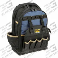 CLC Tool Backpack: 13 in W 7 in D 18 in H, Polyester, Black/Blue, 29 Inside Pockets, Polyester (MPN PB1133). Key specifications — attr1116417: Fully-Molded Bottom; attr1116432: CLC; attr1116408: Black.