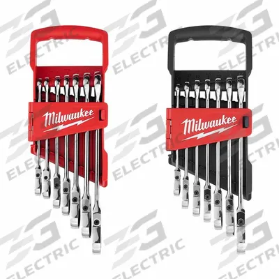 MILWAUKEE Combination Wrench Set: Alloy Steel, Chrome, 8 Tools, Std, Storage Tray (MPN 48-22-9429 - SAE & Metric 12-Point Ratcheting Combination Wrench Sets