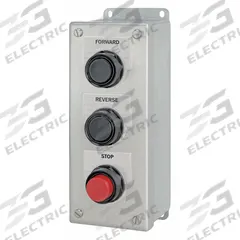 SIEMENS Control Station: (3) Flush Push Buttons, 0 Pilot Lights, 3NO/3NC, Forward/Reverse/Stop (MPN 52C301S). Key specifications — Brand: SIEMENS; Operator Legend: Forward/Reverse/Stop; Operator Color: Red; Operator Configuration: (3) Flush Push Buttons; Operator Configuration Type: (3) Push Buttons.