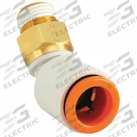 SMC Push-Fit Elbow Fitting: 1/4 in OD x 3/8 in OD Size, Push-to-Connect x MNPT, Brass, White (MPN KQ2K07-36AS). Key specifications — Brand: SMC; Thread Size A: 3/8".