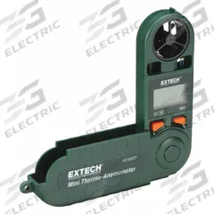 EXTECH Anemometer: 2 fpm Air Velocity Resolution, Dew Point/Relative Humidity, Rotating Vane, LCD (MPN 45168CP). Key specifications — Vane Material: Plastic; Data Logging: Yes; Manufacturer Part Number: 45168CP; Brand: EXTECH; Temperature Accuracy: +/ 1.8°; Digital Display Screen Type: LCD; Display Type: Digital; Includes: Lanyard.