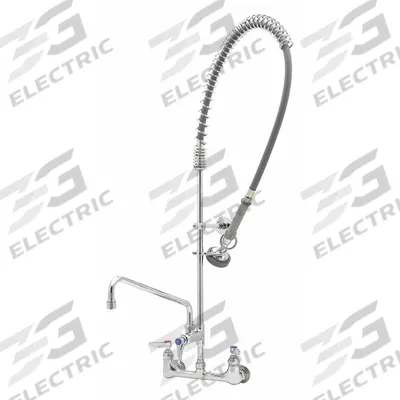 T&S BRASS Pre Rinse Faucet: Wall, 2 Mounting Holes, Chrome, 1.42 gpm Flow Rate, Pull-Down Spout - Pre-Rinse Faucets with Spray Spring Hose
