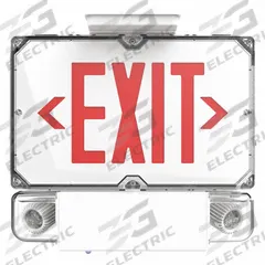 Exit Sign with Emergency Lights: White, LED, Red, 1 Faces, Ceiling, Lithium Iron Phosphate (MPN DYNCSRW12). Key specifications — Self Diagnostics: Yes; Remote Capable: Yes; Lighting Technology: LED; Text Color: Red; Directional Indicators: Universal Field Selectable Chevrons; Voltage: 120/277V AC; Brand: DUAL-LITE.