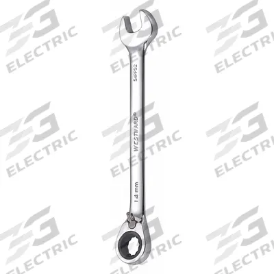 WESTWARD Combination Wrench: Alloy Steel, Chrome, 14 mm Head Size, 7 1/2 in Overall Lg - Metric 12-Point Ratcheting Combination Wrenches