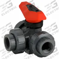 GF PIPING SYSTEMS Manual Three-Way Ball Valve: 3/4 in, PVC, L Flow, FNPT x FNPT x FNPT, Two-Piece (MPN 161543103). Key specifications — Brand: GF PIPING SYSTEMS; Handle: Locking Lever.