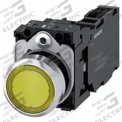 SIEMENS Illuminated Push Button: Illuminated, Flush Profile, Non-Metallic, 22 mm, 1NO/1NC (MPN 3SU1152-0AB30-1FA0). Key specifications — Brand: SIEMENS; Action: Momentary; Series: 3SU; Push Button Material Type: Non-Metallic.