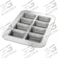 CHICAGO METALLIC Mini Loaf Pan: Aluminized Steel, 8 Slots, 11 1/8 in Overall Wd, 1 1/4 in Overall Dp (MPN 25100). Key specifications — Pan Style: Mini-Loaf Pan; Brand: CHICAGO METALLIC; Color: Silver; Material: Aluminized Steel; NSF Certified: No; Number of Slots: 8.