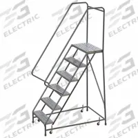 BALLYMORE Rolling Ladder: 5 ft Platform Ht, Assembled, Aluminum, Wt-Actuated, Perforated (MPN WLAR106246). Key specifications — Includes Handrails: Handrails Included; Material: Aluminum; Brand: BALLYMORE; Color: Gray.