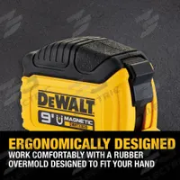 DEWALT Tape Measure: Nonmagnetic Single Hook Tip, 9 ft / 2.7 m, Plastic, Yellow (MPN DWHT33029T). Key specifications — attr935324: DEWALT; attr942259: Yellow; attr935326: Magnetic Mount; attr935328: 1/16 in; attr935329: Feet; attr935337: SAE; attr936607: Manual Lock; attr985315: 5 m or less.