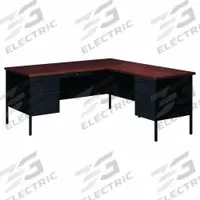 HIRSH L-Shaped Office Desk: Particle Board, Black Matrix/Walnut, 2 Pedestals, 5 Drawers, Steel Frame (MPN 20450). Key specifications — Desktop Material: Particle Board; Includes Modesty Panel: Yes; Kit Product Type: L-Shaped Office Desk; Desktop Color: Black Matrix; Brand: HIRSH; Frame Color: Black; Frame Material: Steel; Product Type: L-Shaped Office Desk.