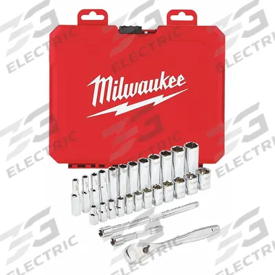 MILWAUKEE Socket Wrench Set: 1/4 in Drive, 28 Piece, 6-Point, Metric - Metric Socket Sets with Drive Tools