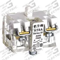 EATON Contact Block: 30 mm Panel Mounting Size, 1NO, Momentary, HT800 Series, Screw Clamp Terminals (MPN HT8A). Key specifications — Switch Action: Momentary; Terminal Connection Type: Screw Clamp Terminals; Brand: EATON; Compatible with Series: HT800.