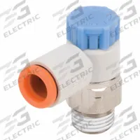 SMC Speed Control Valve: Elbow Fitting, Knob, 1/4 in/1/8 in Valve Body Size, 1/4 in Tube, Meter In (MPN AS2211F-N02-07SA). Key specifications — attr947203: Brass/PBT; attr947205: SMC.
