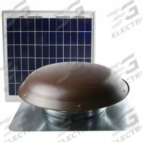 Attic Exhaust Fan: Roof Mount, Solar, Max. 1,600 sq ft Attic, 1,000 cfm Max., Manual, Brown Steel (MPN CXSOLRFBRNUPS). Key specifications — Includes: Roof Mount Attic Ventilator; Includes Humidistat: No; Includes Shutter: No; Includes Thermostat: No; Mounting Location: Roof; Nameplate Voltage: 18V DC; Housing Color: Brown; High-Efficiency Motor: Yes.