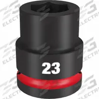 MILWAUKEE Standard Impact Socket: 3/4 in Drive Size, Metric, 23 mm Socket Size, 6-Point, Std (MPN 49-66-6361). Key specifications — attr1215501: MILWAUKEE; attr1215515: Black Phosphate; attr1215518: 23 mm.