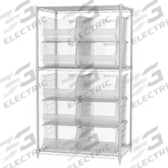 AKRO-MILS Bin Shelving: 36 in x 24 in x 74 in, 1 Sided, 10 Bins, Open, Giant Hopper Bin, Clear (MPN AWS24361288SC). Key specifications — Includes Bins: Yes; Bin Material: Polymer; Frame Color: Silver; Bin HxWxD: (10) 11 in x 16-1/2 in x 23-7/8 in; Frame Material: Steel; Bin Color: Clear; Brand: AKRO-MILS.