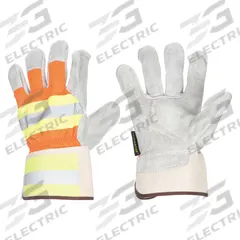 MCR SAFETY Leather Gloves: L ( 9 ), Cowhide, Premium, Glove, Full Finger, Safety Cuff, 1 PR (MPN 1440L). Key specifications — Brand: MCR SAFETY; Glove Back Color: Orange/Yellow; Glove Back Material: Cotton Canvas; Glove Liner Material: Cotton Fleece; Oil Resistant: No; Reflective Backing: Yes; Includes Double Palm: No; High-Visibility Features: High-Visibility Backing and Cuff.