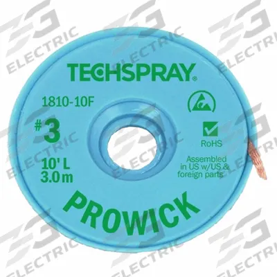 TECHSPRAY Desoldering Braid: Rosin Flux, # 3, 0.075 in, 10 ft, Green - Rosin Flux Desoldering Braids