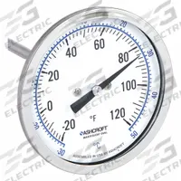 ASHCROFT Dial Thermometer: -20°F to 120°F /-30°C to 50°C, ±1% Accuracy, 6 in Stem Lg, 3 in Dial Dia (MPN 30EI60R). Key specifications — Accuracy: ±1 %; Brand: ASHCROFT.