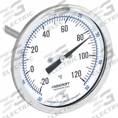 ASHCROFT Dial Thermometer: -20°F to 120°F /-30°C to 50°C, ±1% Accuracy, 6 in Stem Lg, 3 in Dial Dia (MPN 30EI60R). Key specifications — Accuracy: ±1 %; Brand: ASHCROFT.