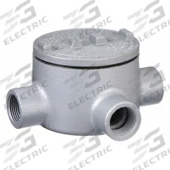 Conduit Outlet Body: Aluminum, GR, 1 1/4 in Trade Size, X Body, 31 cu in Body Capacity (MPN GRX125-A). Key specifications — Series: For Standard Body; Compatible Conduit Trade Size: 1-1/4 in; Thread Gender: Female; Hub Style: Threaded; Cover Included: Yes; Body Style: X; Connection Type: Threaded; Back Type: Round.