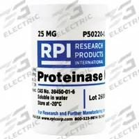 RPI Proteinase K: 25 mg Volume, Powder, Plastic (MPN P50220-0.025). Key specifications — Form: Powder; Brand: RPI; Chemical Grade: Lab; Container Material: Plastic.
