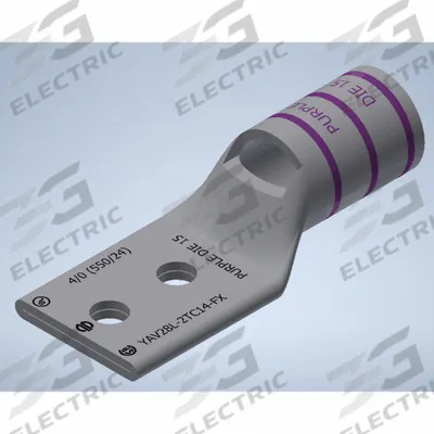 BURNDY Compression Lug: For 4/0 AWG, Stranded Wire, 1/4 in Stud Size, Std - Two-Hole Compression Lugs
