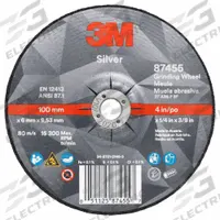 3M Depressed Center Grinding Wheel: Type 27, 4" x 1/4" x 3/8", Ceramic, 36 Grit, Silver (MPN 87455). Key specifications — Series: Silver; Brand: 3M.