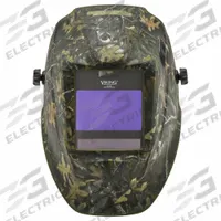 LINCOLN ELECTRIC Welding Helmet: Auto-Darkening, 4 Arc Sensors, Black/Brown/Green, Camouflage (MPN K4411-5). Key specifications — Color: Brown; Suspension Adjustment Type: Ratchet; Series: Viking 2450; Graphics: Camouflage; Viewing Area: 3.82 in x 2.44 in; Brand: LINCOLN ELECTRIC; Grind Mode: Yes; Helmet Material: Proprietary Nylon.