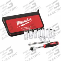 MILWAUKEE Socket Wrench Set: 3/8 in Drive, 12 Piece, 6-Point, Metric, 10 mm to 19 mm (MPN 48-22-9001). Key specifications — attr1224269: 3/8 in; attr1204638: Drive Tools Included; attr1204650: 10 mm to 19 mm; attr1204673: Socket Bits Not Included; attr1204681: Wrenches Not Included; attr1204688: MILWAUKEE; attr1224230: Friction; attr1206170: Deep Sockets.