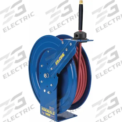 COXREELS Spring Return Hose Reel: 50 ft (3/8 in I.D.), 3/8 in MNPT, 300 psi Max Op Pressure - Controlled-Retraction Air or Water Spring-Return Hose Reels