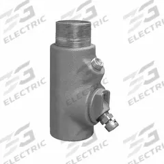 Sealing Fitting - Vertical: Aluminum, 2 1/2 in Trade Size, Male to Female, 7 1/2 in Overall Lg (MPN EYDM-250AL). Key specifications — Brand: APPLETON ELECTRIC; Finish: Powder Coated; Connection Type: Threaded; Thread Gender: Male to Female; Ends - Hazardous Fittings: 2-1/2 in FNPT x 2-1/2 in MNPT; Material: Aluminum; Hazardous Location Rating: Class II, Division 1 and 2, Groups E, F, G; Thread Type: NPT.