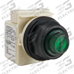 SCHNEIDER ELECTRIC Pilot Light: 30 mm Panel Mounting Size, Green, LED, 9001SK Series (MPN 9001SKP35LGG31). Key specifications — Series: 9001SK; Brand: SCHNEIDER; Includes Push-To-Test: No Push-To-Test Included.